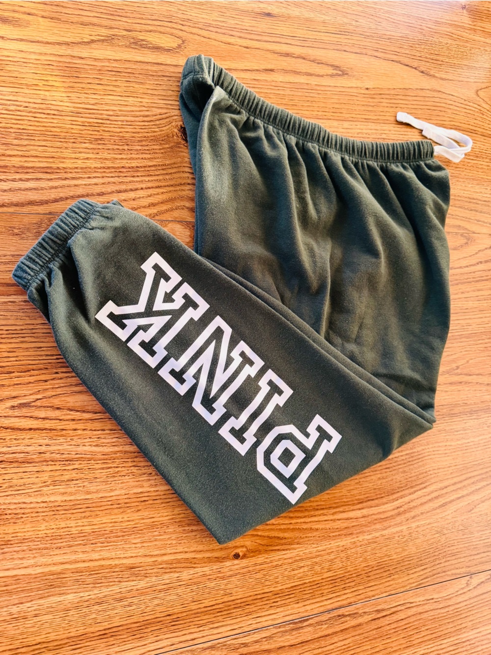 Olive green Victoria's Secret PINK fleece jogger sweatpants white Logo Medium - Picture 6 of 6